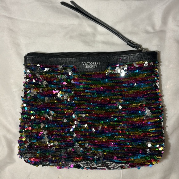 Victoria Secret Black Multicolor Sequin Pouch Make Up Bag - Picture 2 of 7